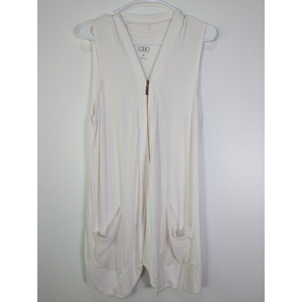 LOGO by Lori Goldstein Knit Vest White Rose Gold Front Zip Long Tank Top M 0987